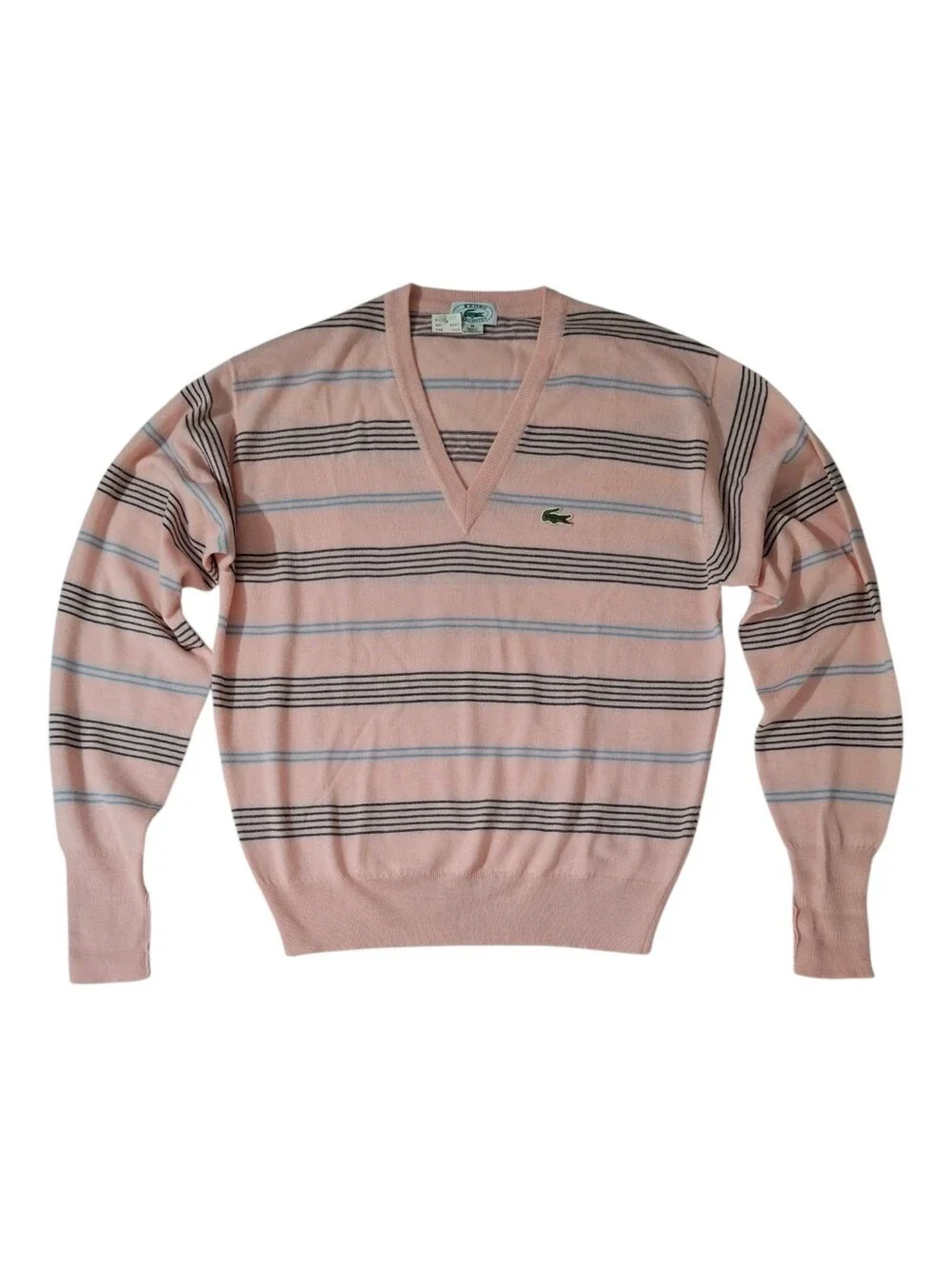 NOS Deadstock Vintage Men's Izod Lacoste Pink Grey Blue Stripe V-Neck Sweater
